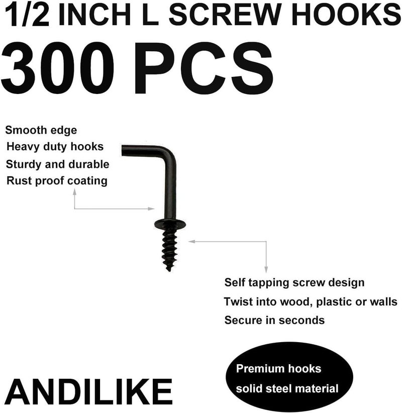 ANDILIKE 300 PCS 1/2 Inch Screw in Hooks, Mini 7 Shaped Right Angle Screw Hanger,Black L Shaped Hook, Perfect for Lamp,Plants,Decorations,kitchenware and DIY Crafts - Image 3